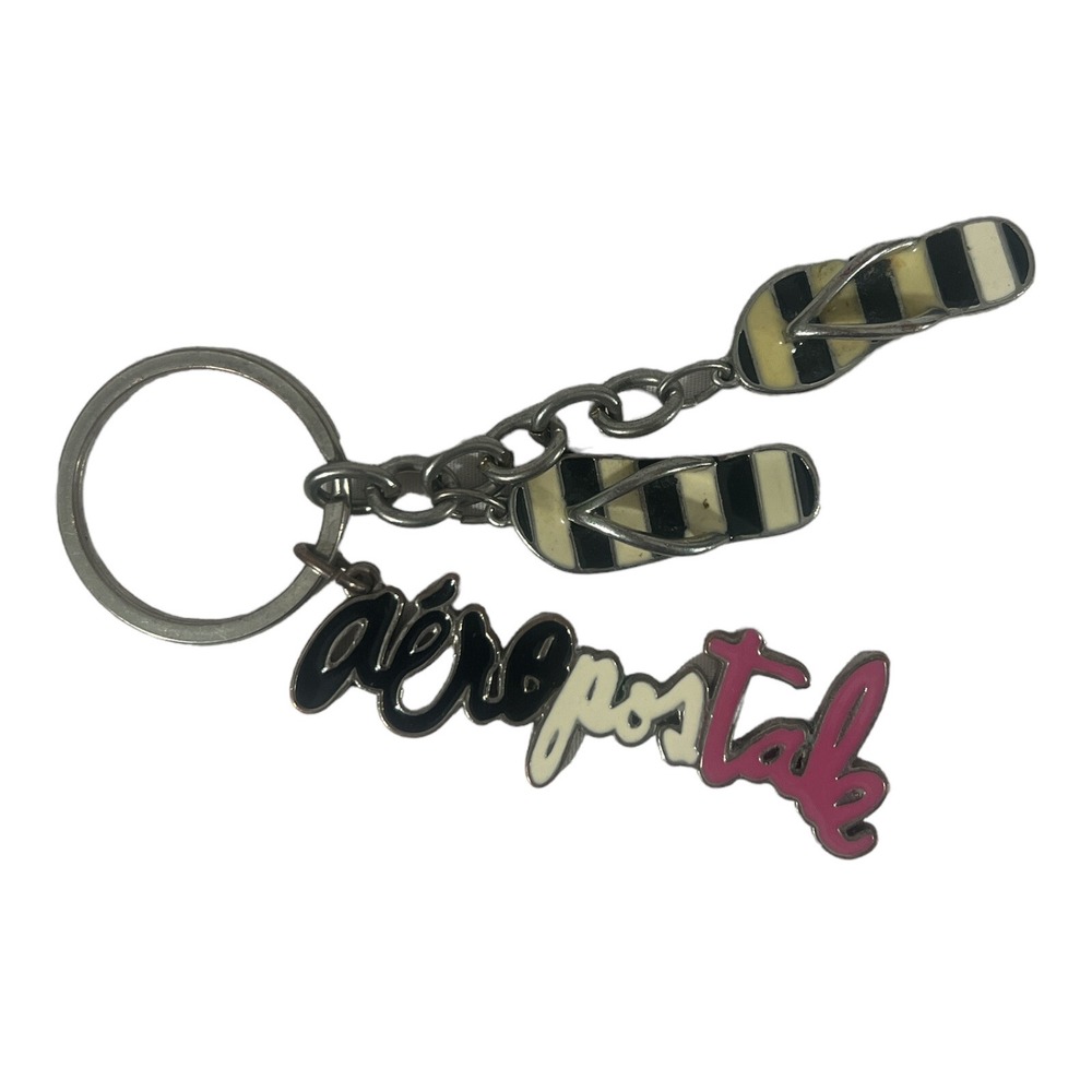 Aeropostale Cursive Logo Key Chain/Ring--Pink/White/Black Striped Flip Flops
